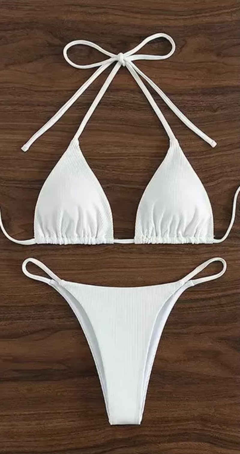 Before: white ribbed bikini flat lay product photo